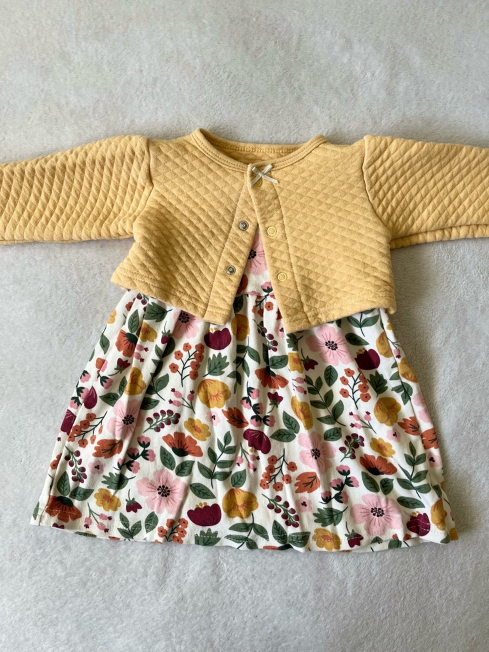 Hudson Baby Yellow Quilted Cardigan and Floral Cotton Dress Set for Girls